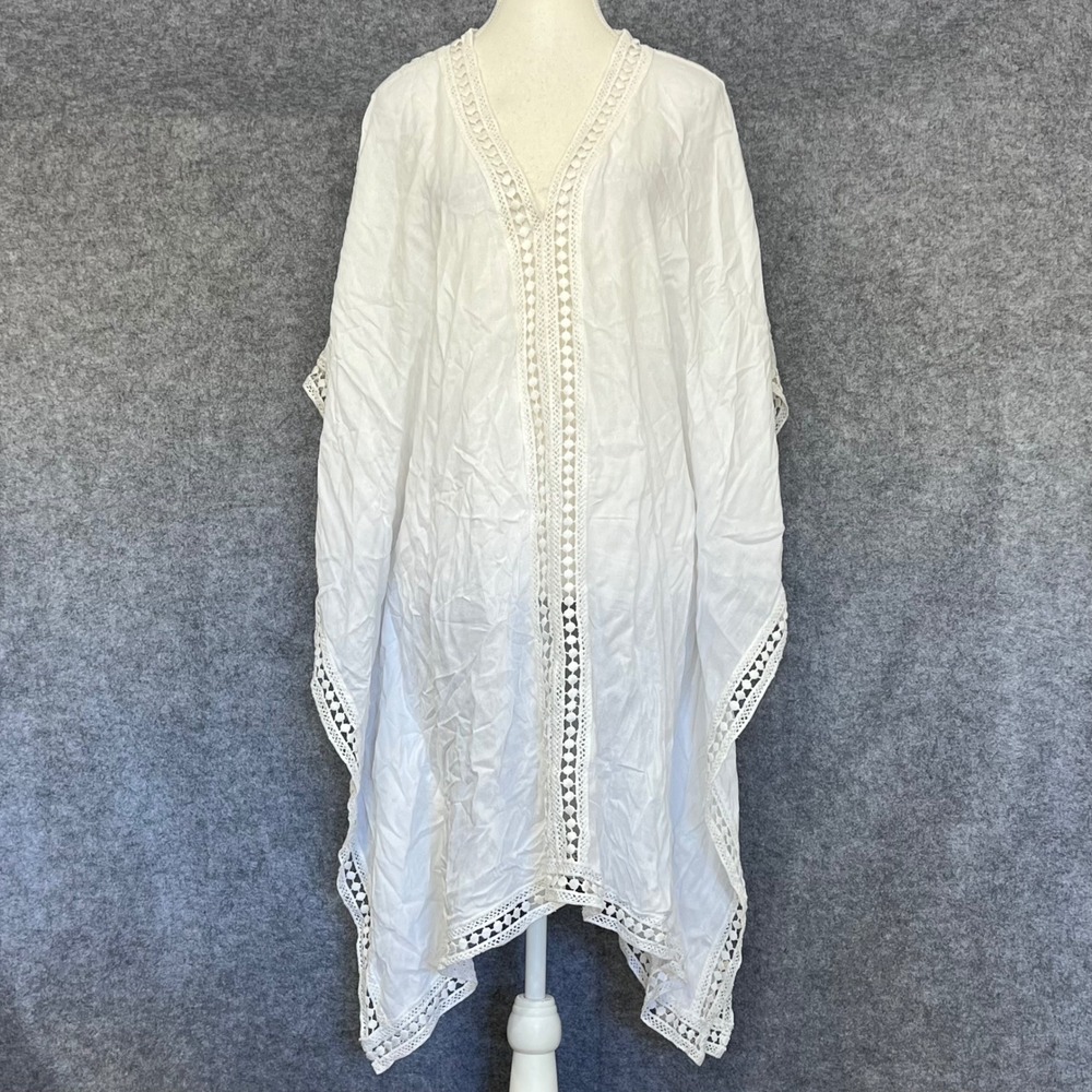 Tommy Bahama White Cotton Lace Trim Kaftan Boho Beach Vacation Cover Up Tunic LG